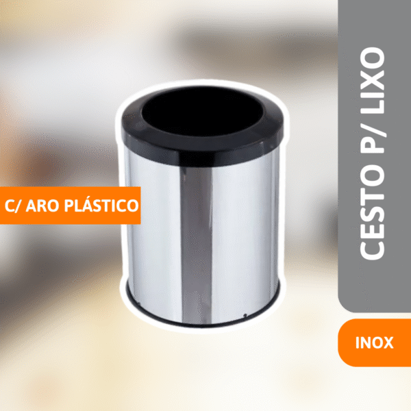 Cesto P/ Lixo Inox C/ Aro Plástico Preto 15L - VIEL - Imagem 2