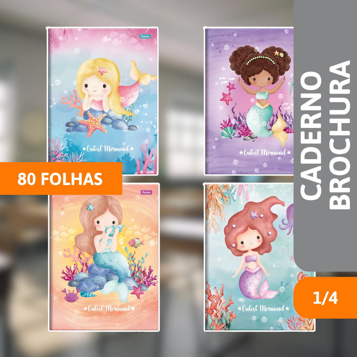 Caderno Brochura Capa Dura 1/4 80 Folhas Sereias - FORONI - Imagem 2